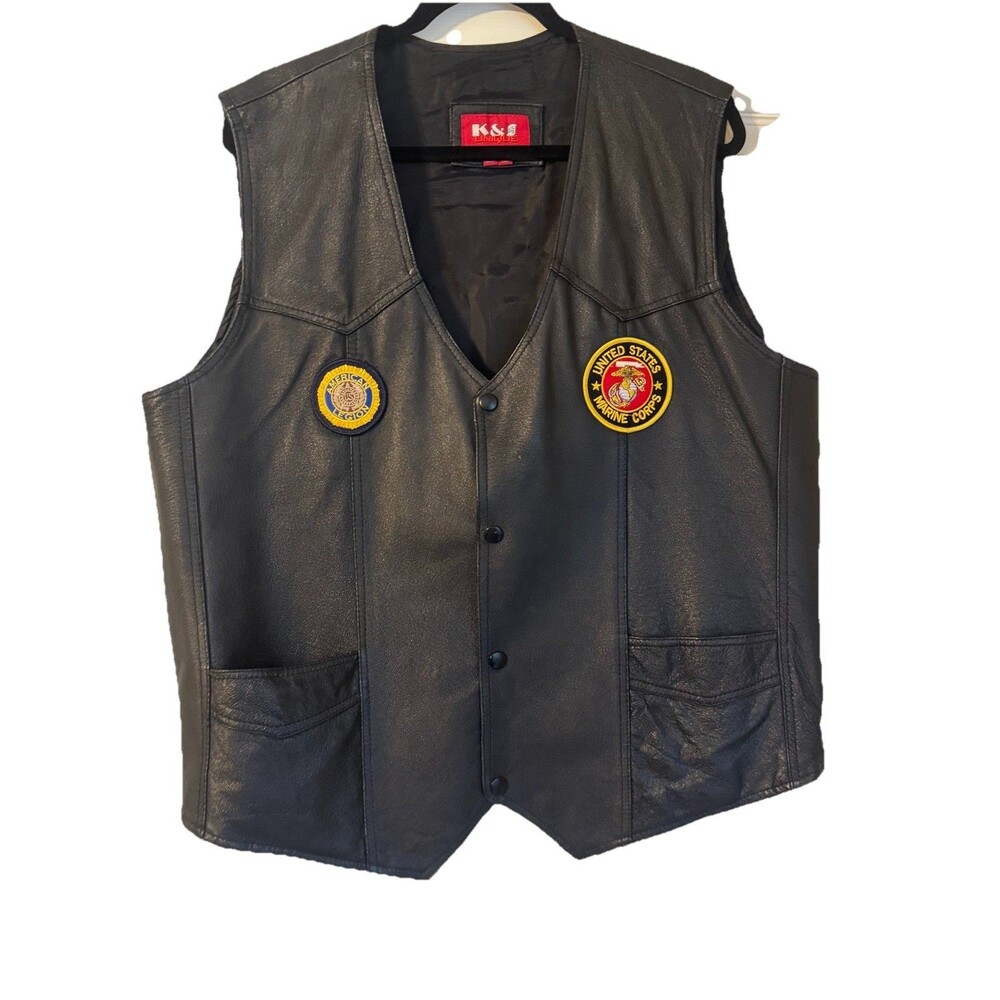 United States Marines Corps Leather Vest Biker Black New XL  K&S